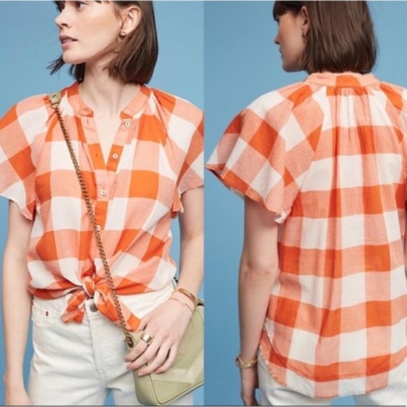 Maeve Anthropologie gingham 100% cotton orange white flutter short sleeve blouse - Picture 1 of 6